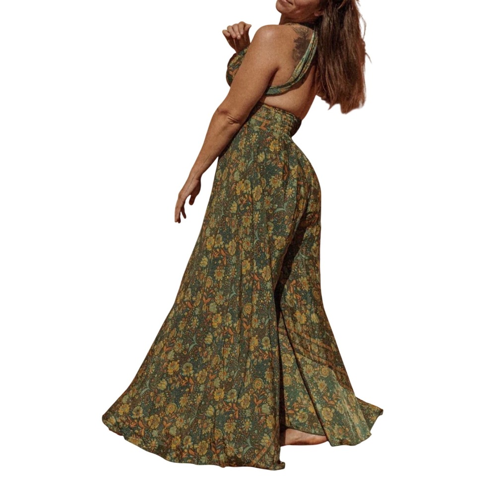 Gardenbelle Shop Silk Blend Multi-Way Wide Leg Jumpsuit Green 2X Boho Whimsical